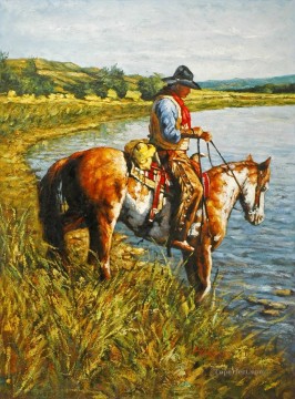on the hayfield bank cowboy Oil Paintings